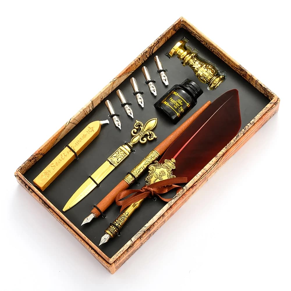 Antique Fountain Pen Set Feather Dip Pen Kit Retro Wooden Dip Pen Set Classic Wax Seal Stamp Kit for Calligraphy Art Words Gifts