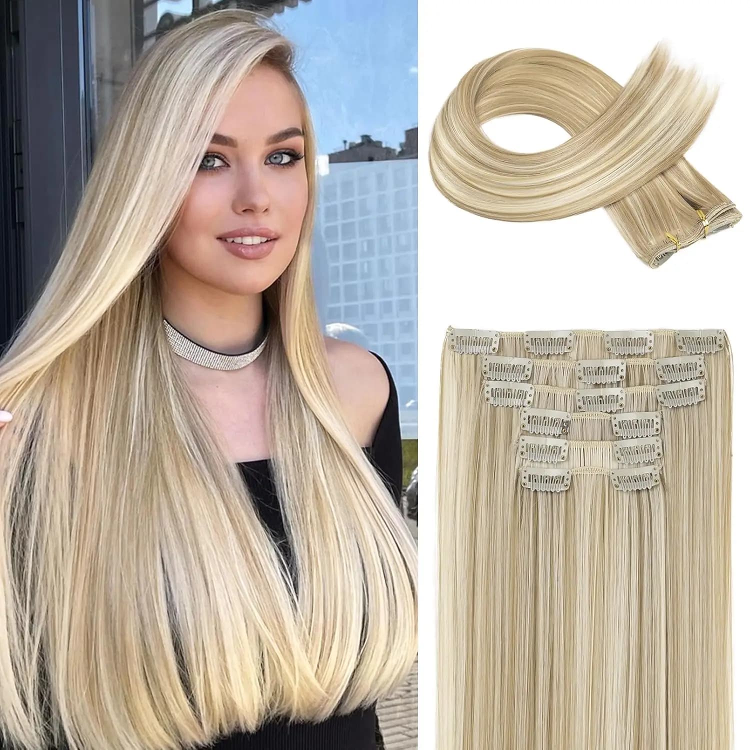6 pezzi/set clip nelle estensioni dei capelli estensioni sintetiche lunghe e diritte da 24 pollici per parrucchino da donna