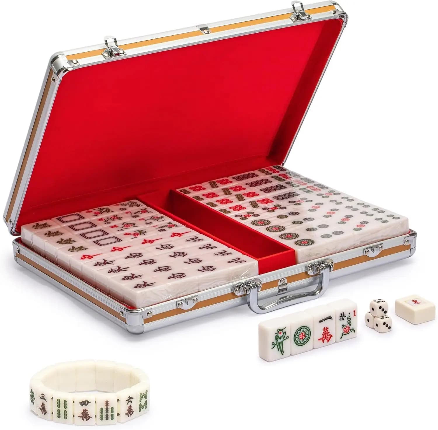 Set Mahjong Cinese con 146 Tessere, Valigetta in Alluminio, Accessori e Braccialetto con Mini Tessere