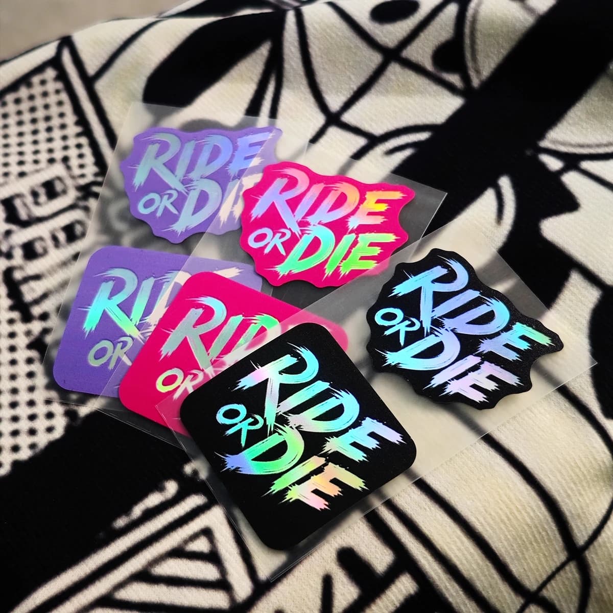 1Set "Ride Or Die" Gradient Holographic Vinyl Stickers Waterproof Decals for Motorcycle MTB Bike Helmet Laptop Decor