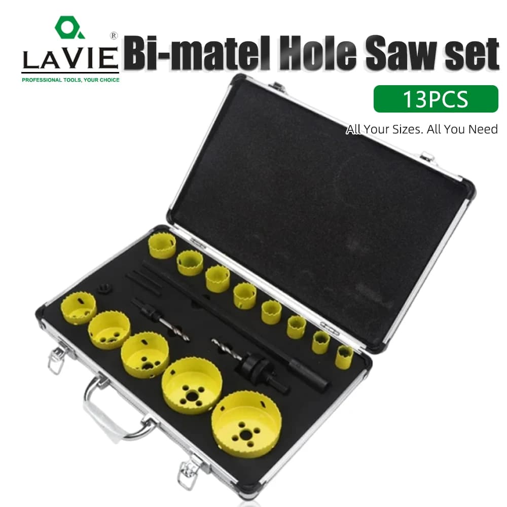 LAVIE 19pcs Bi Metal Hole Saw Cutter Kit Blade Drilling Tool Arbor Pilot Drill Set for Wood Metal Carpenter Plumber DB04037