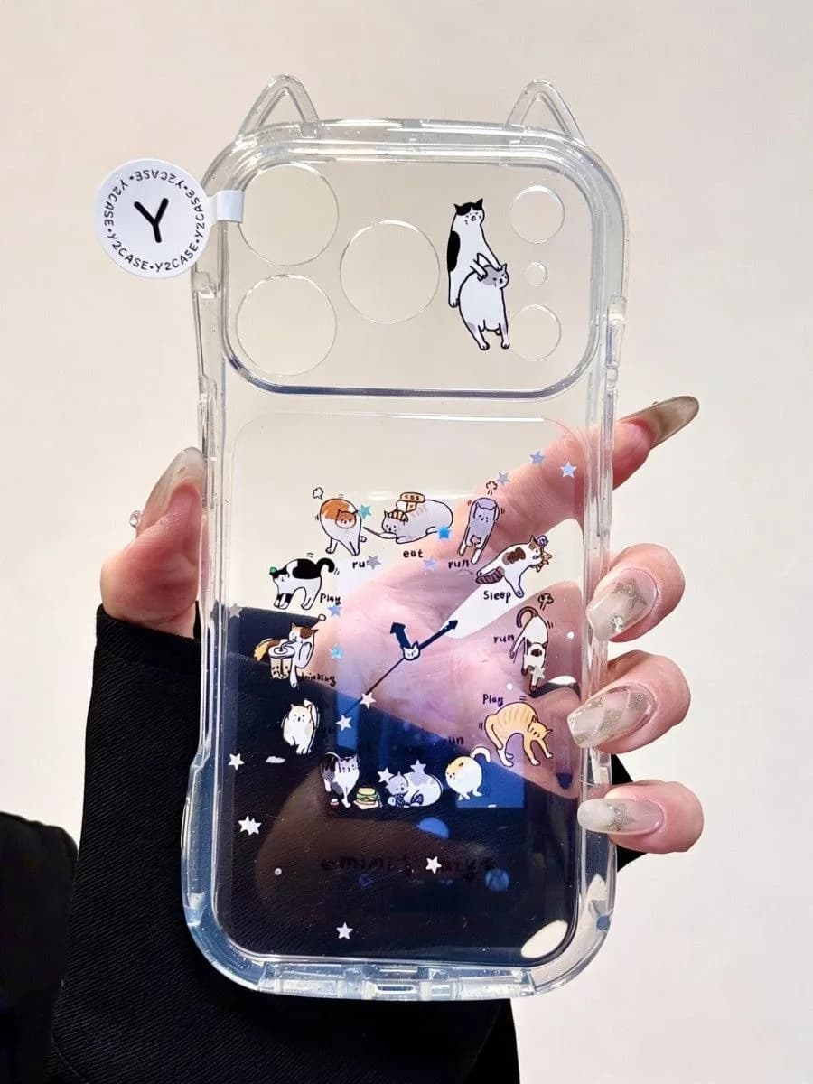 Interesting Cartoon Cat Watch Face Phone Case For iPhone Air 17 Pro Max 16 Plus 15 14 13 12 11 Pro Max Y2K Cat Ears Soft Cover