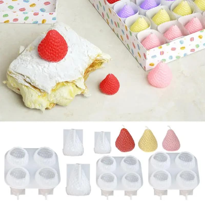 1/4 Cavity Strawberry Scent Candle Making Kit Silicone Mould DIY Fruit Shape Drip Glue Resin Mold Handmade Birthday Decor