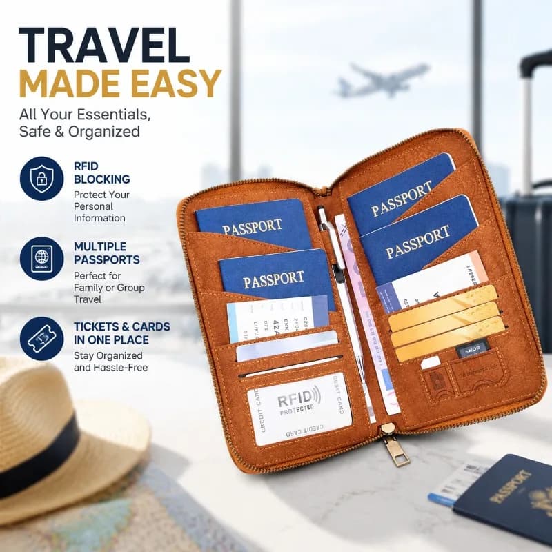 RFID Blocking Passport Bag Travel Document Holder with Long Zipper Ticket Storage for Multiple Passports