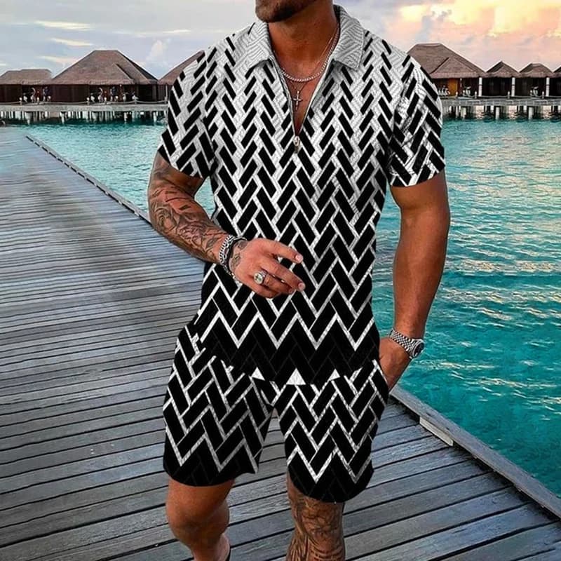Completo Estivo da Uomo Stile Nazionale Stampato in 3D, Set di 2 Pezzi con T-Shirt e Pantaloncini, Outfit Casual con Cerniera, Polo e Pantaloncini Larghi