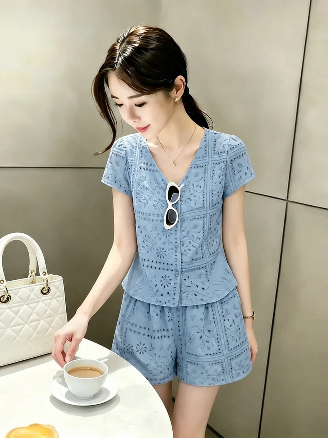 La Chapelle Casual Sportswear Set Women's Summer 2026 New Blue Hollow V-neck Short Sleeve Shorts Two-piece Breathable Comfort...