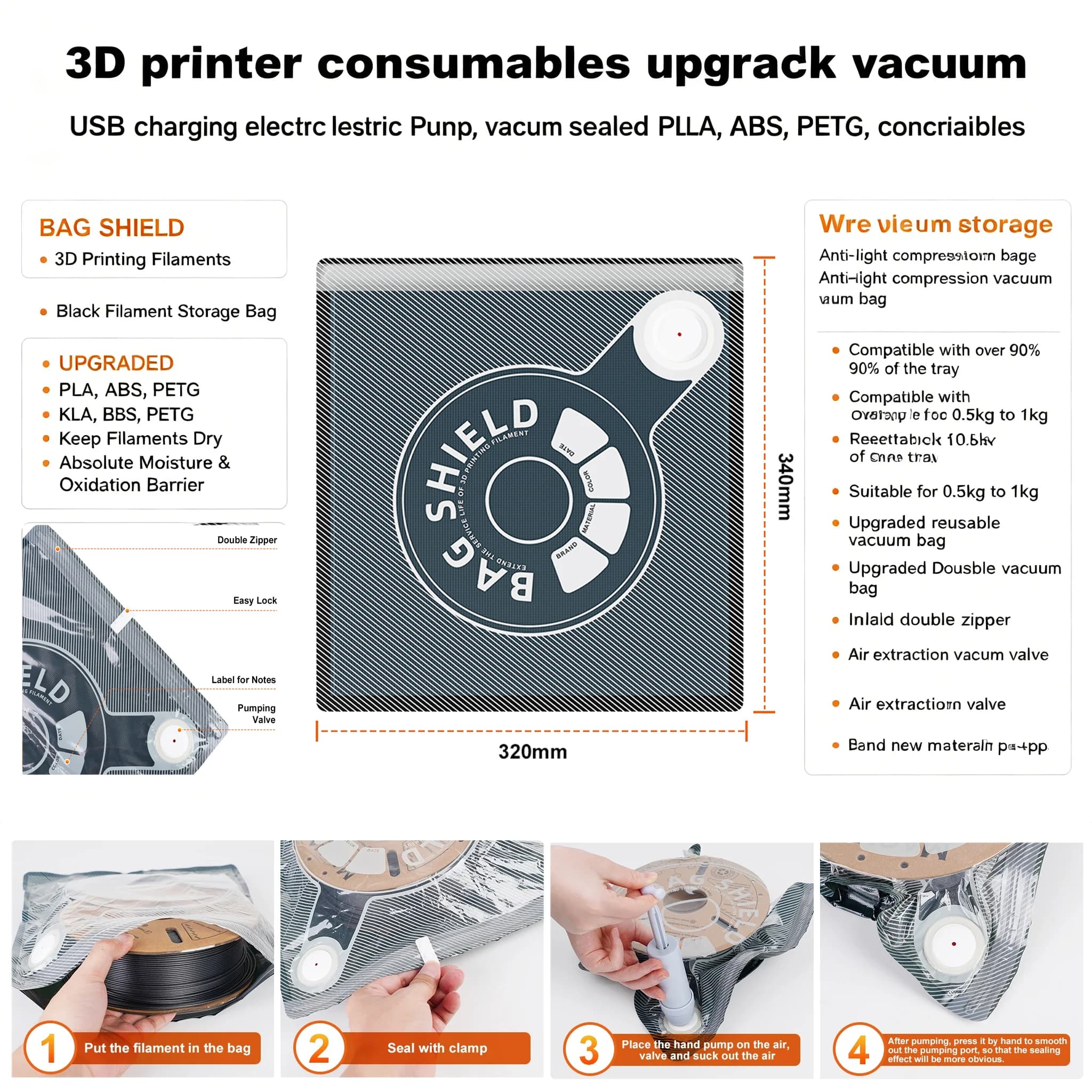 2.03D printer consumables upgrade black vacuum bag with USB charging electric air pump, vacuum sealed PLA, ABS, PETG consumables