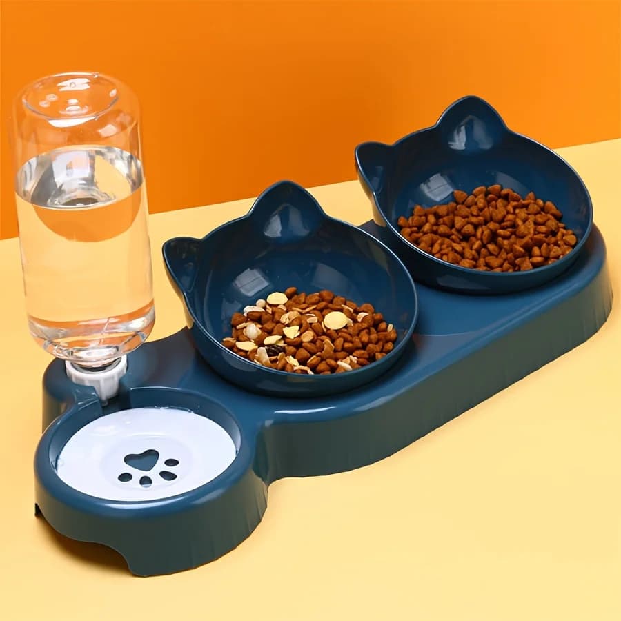 Pet Bowls with Water Manger, Water Bowl Set and Inclined Food with Ear Design 3 In 1 with Gravity Water Bottle For Neck Protection