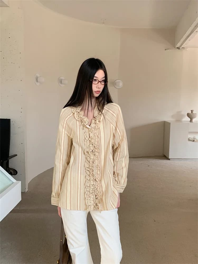 CHEERART Camicia di design a righe gialle con cimosa filante Abbigliamento donna Camicia con bottoni con scollo a V Camicetta a maniche lunghe Top alla moda