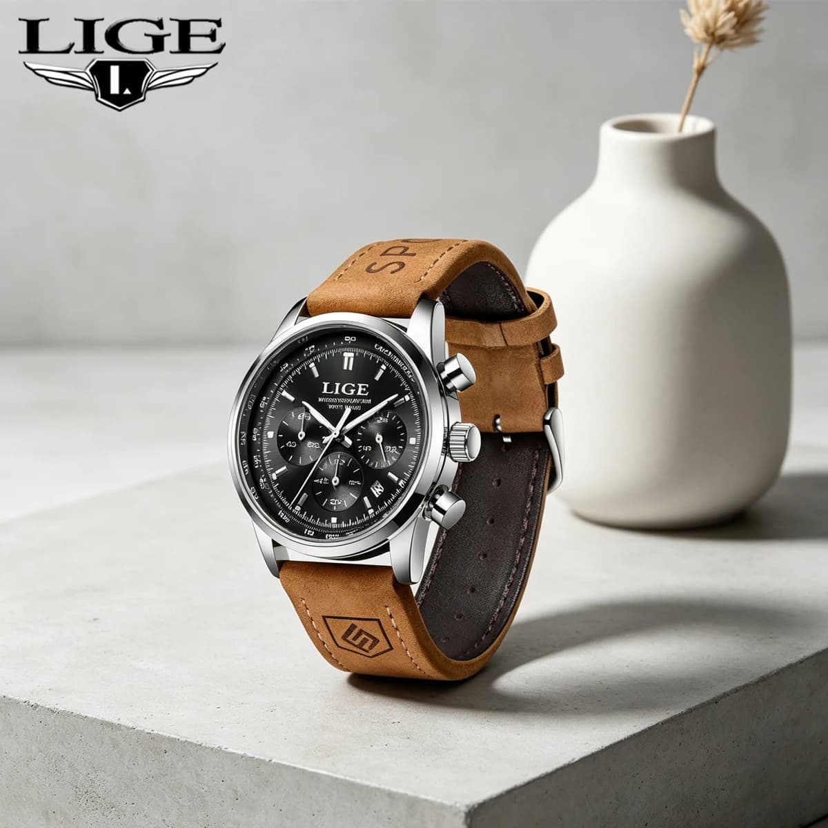 LIGE Top Brand Men's Quartz Watch Waterproof Luminous Chronograph Military Man Watch Luxury Fashion Leather Watches For Men