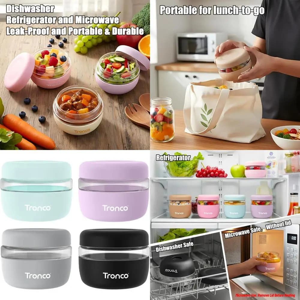 Set di 4 contenitori in vetro ermetici da 470 ml con coperchi, a tenuta stagna per la preparazione dei pasti, insalate, zuppe e stufati, adatti per microonde e lavastoviglie