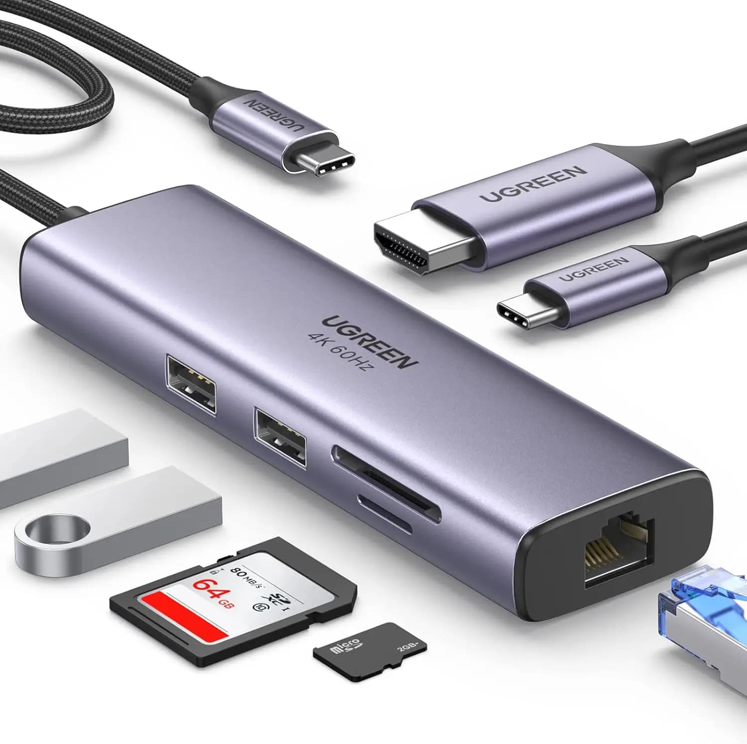 UGREEN Revodok Adattatore USB C Hub Gigabit Ethernet 7 in 1 4K@60Hz-HDMI, ricarica PD da 100 W, porte dati USB a, lettore di schede SD/TF