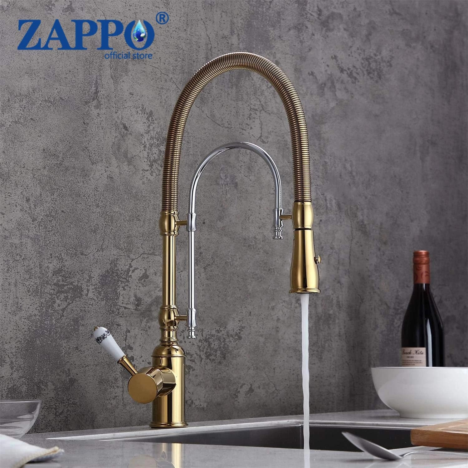 Kitchen sink faucet in gold and chromium zapo High Arc 360 swivel taps double mode drop down sprayer with mixer with china handle