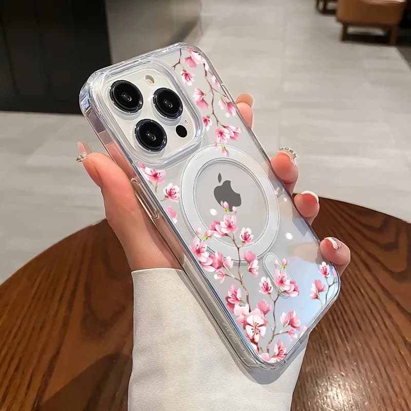 Luxury Pink INS Flowers Case For iPhone 14 Pro Max 17 15 16 Pro 7 8 Plus 12 13 11 Pro Max Shockproof For Magsafe Clear TPU Cover