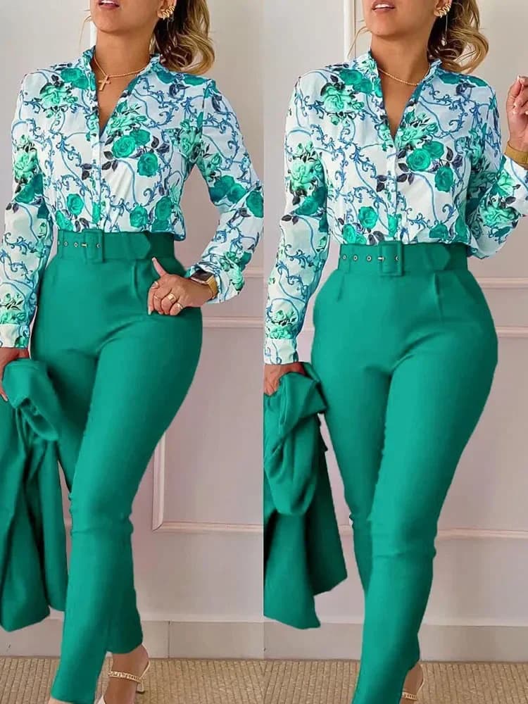 Spring Women's Shirt 2 Pieces Suit Sets Fall Print Shirt Belt Pants V-Neck Long Sleeve Top 2 Pieces Suit Sets Casual Work Female