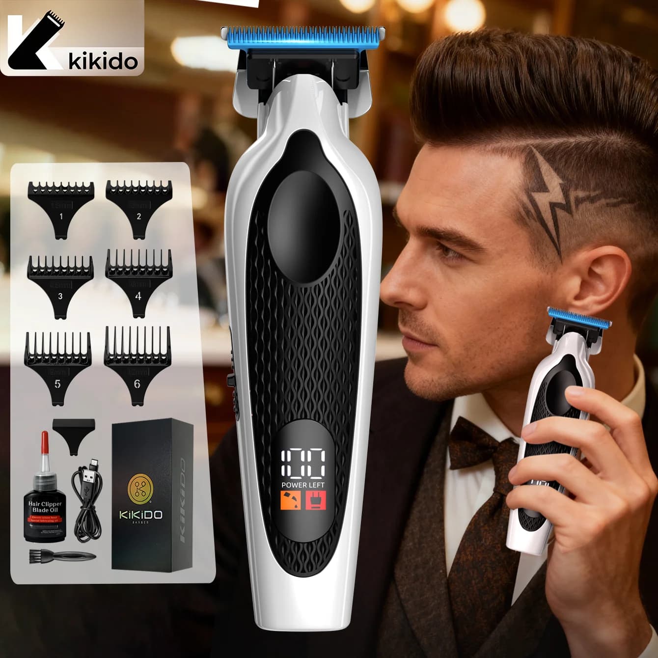 KiKiDO Professional Haircuts for Men, USB Rechargeable, LED Display, Trimmer for Barba, Hair Cutting Set with T-blade