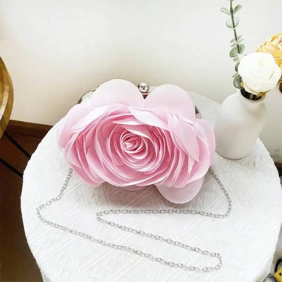 Pink Floral Evening Clutch Bag For Women With Chain Strap Elegant Party Wedding Handbag