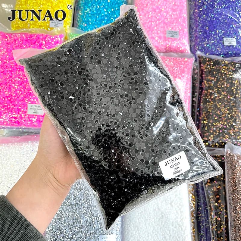 JUNAO 2mm 3mm 4mm 5mm 6mm Gelatina Nero Strass In Bulk Flatback Resina Pietra di Cristallo Appliques Non Hot Fix Strass per FAI DA TE