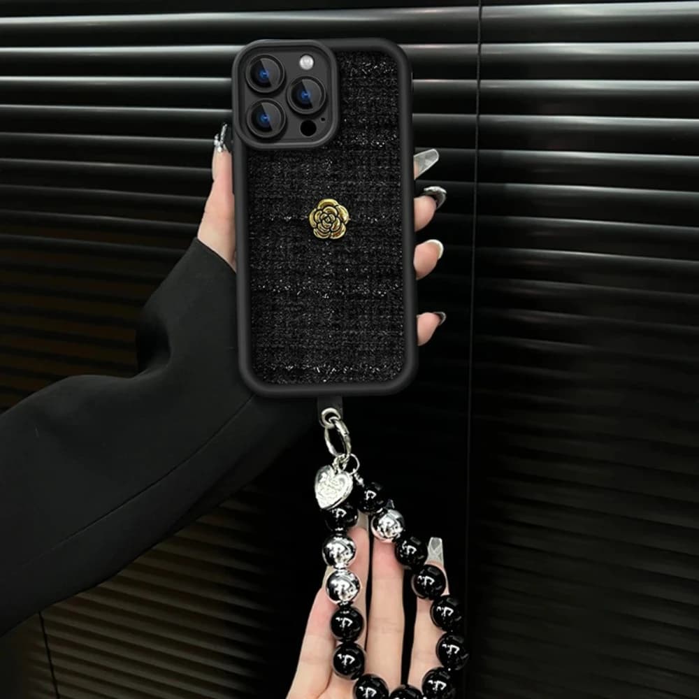 Camellia bead chain lanyard Shell for iPhone 16 14Plus 13 17 14 15 16 11 12 Pro Max fabric phone case anti-drop Protective cover