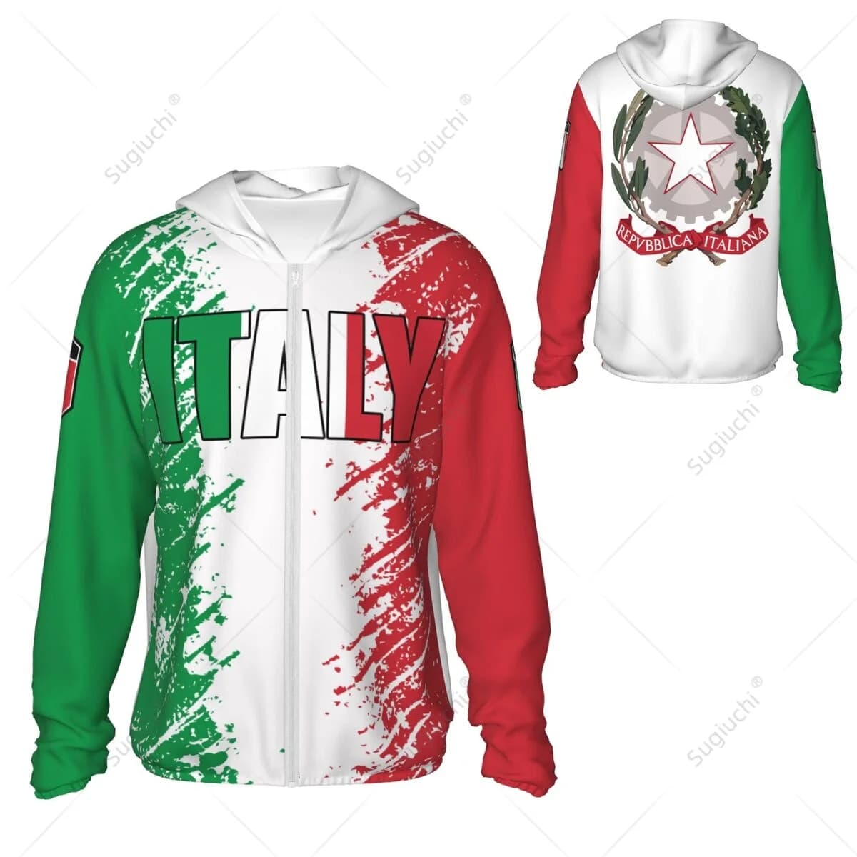 Felpa con cappuccio con protezione solare bandiera italiana dell'Italia Abbigliamento per protezione solare Pesca Ciclismo Corsa Manica lunga ad asciugatura rapida con cerniera in poliestere