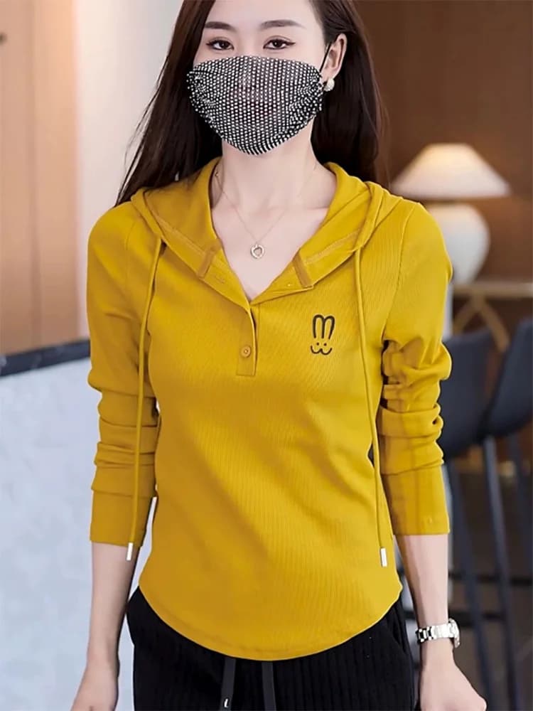 Slim Fit Long Sleeve Hoodie Women's Fashionable Thin Style Spring Autumn T-Shirt Korean Version Cotton Material Button Detail