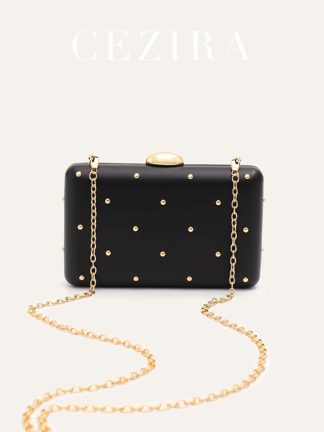 CEZIRA Women Fashion Elegant Glamorous PU Leather Clutch Luxury Rivets Square Box Handbag Long Chain Evening Bag Party Holiday
