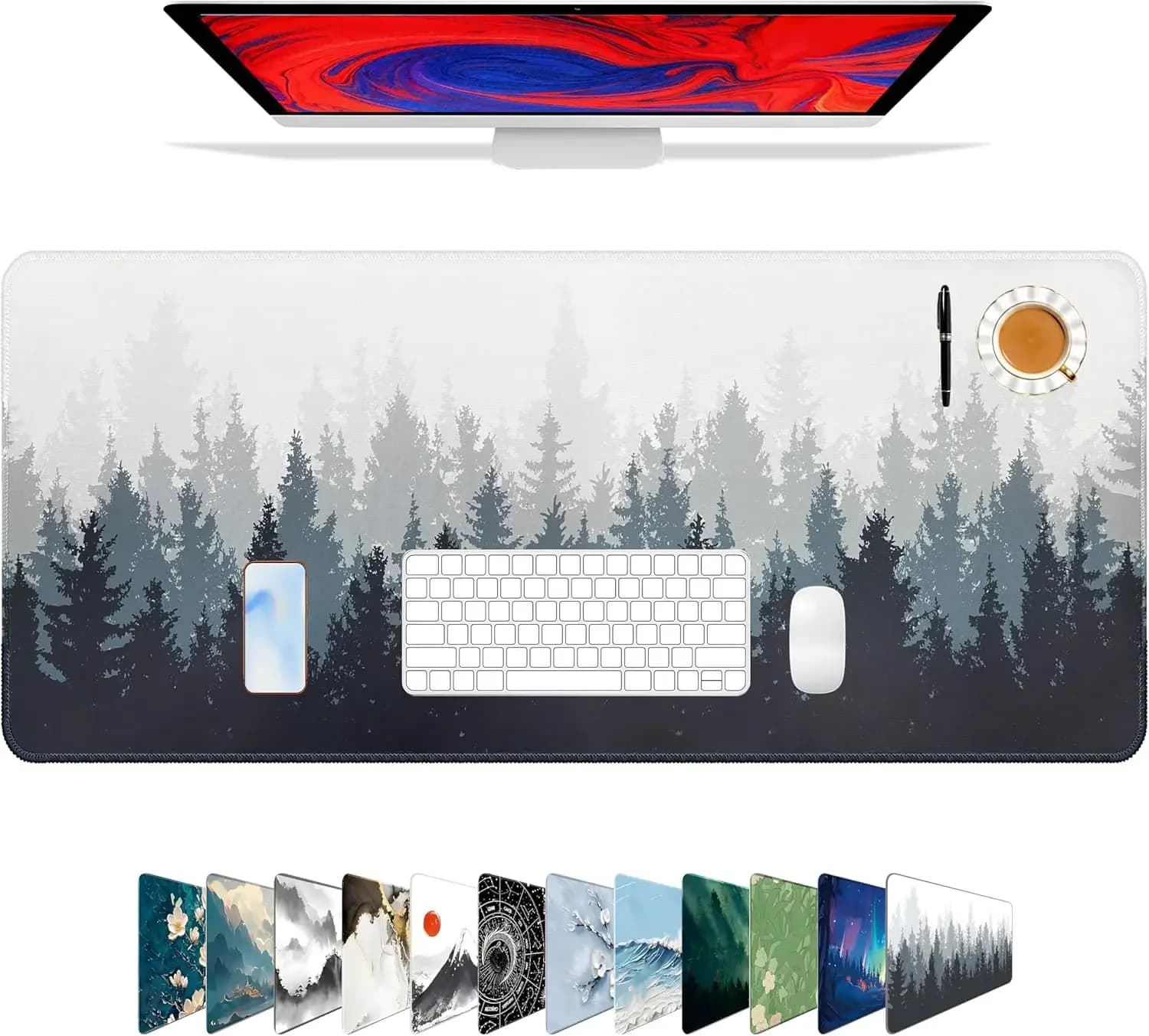 Tappetino per Mouse da Gaming con Motivo Foresta XXL Grande, Base in Gomma Antiscivolo, Bordi Cuciti, Sottile 31,5x11,8 Pollici
