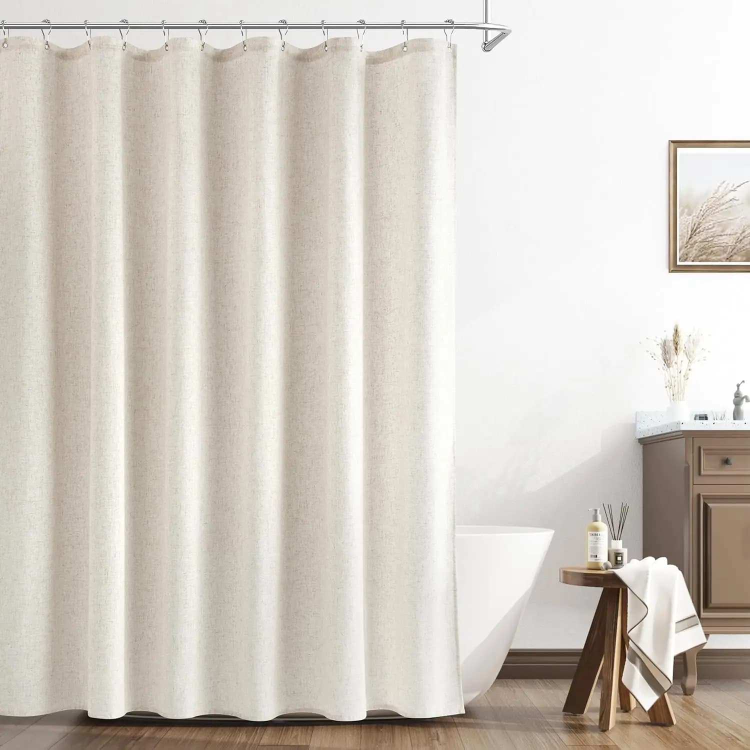 Tenda da Doccia Extra Lunga in Lino da 84 Pollici, Set da Bagno in Tessuto Pesante con Ganci, Beige Stile Rustico per Bagni Alti