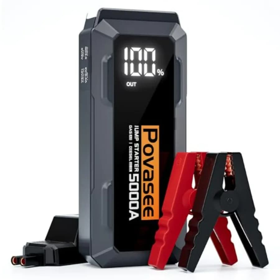 Avviatore di Emergenza 5000A 12V Portatile per Auto, per Motori a Benzina o Diesel fino a 10L, con Display LCD a 3 Cifre, Power Bank a Doppia Uscita LE