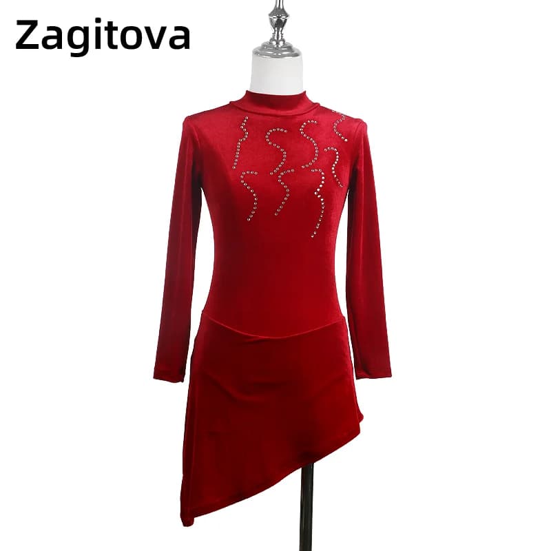 ZAGITOVA Abito da performance di pattinaggio di figura Gonna da pattinaggio su ghiaccio per donna Vino Velluto rosso caldo con diamanti brillanti