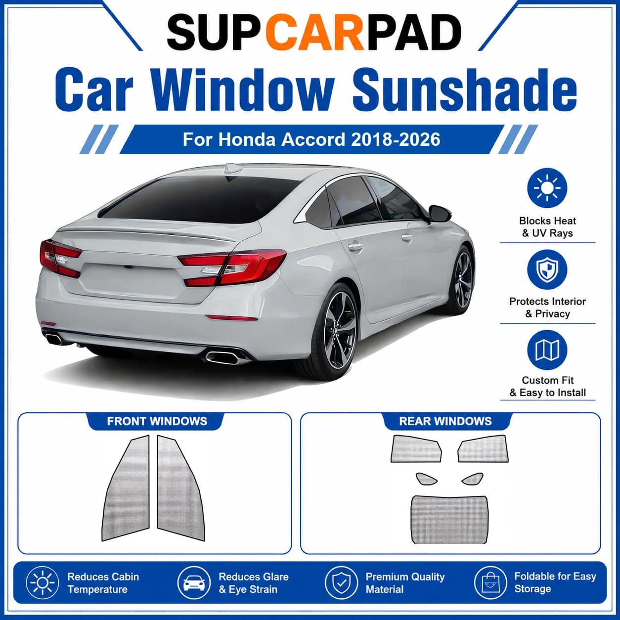 For Honda - Honda Accord 2018-2026 Full Set Car Window Sunshades UV Block Privacy Heat Insulated Foldable Car Curtain