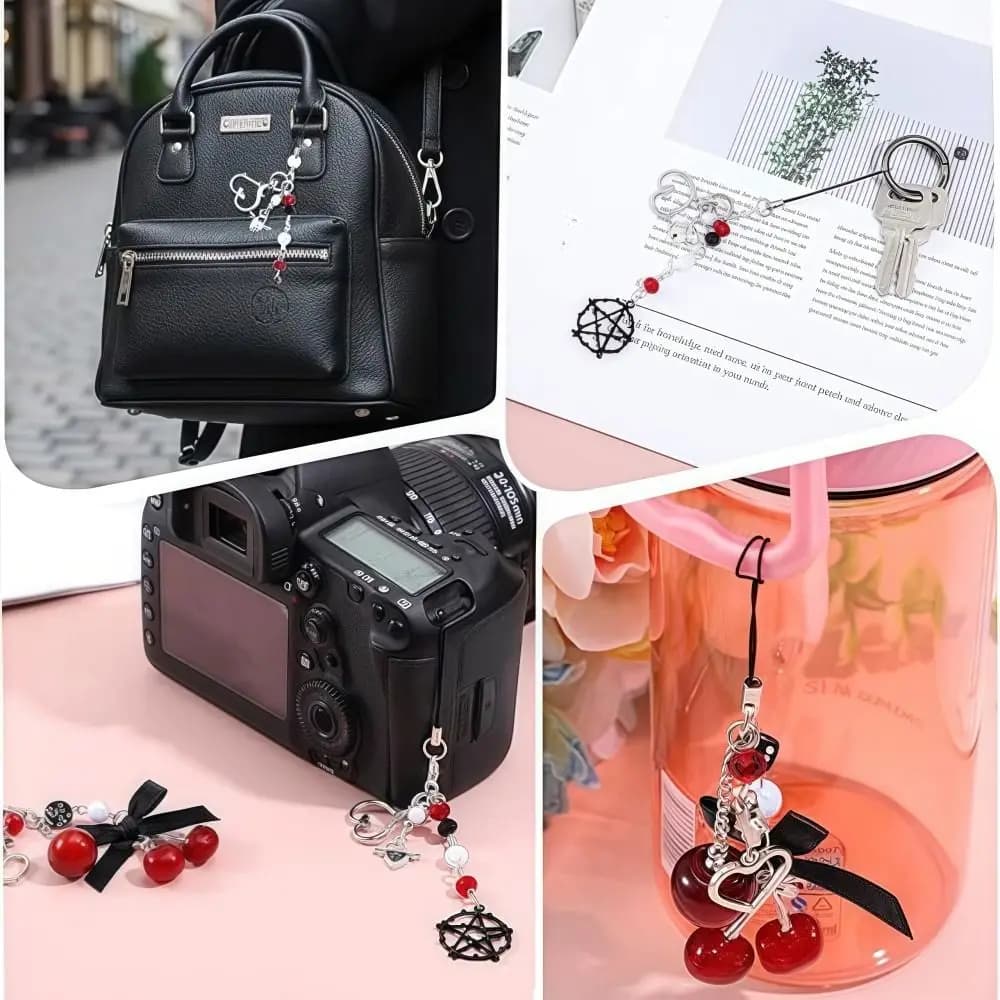Black Cherry Cherry Keychain Strawberry Bow Alloy Phone Charms Strap Star Heart Lightweight Water Bottle Pendant Fashion Decor
