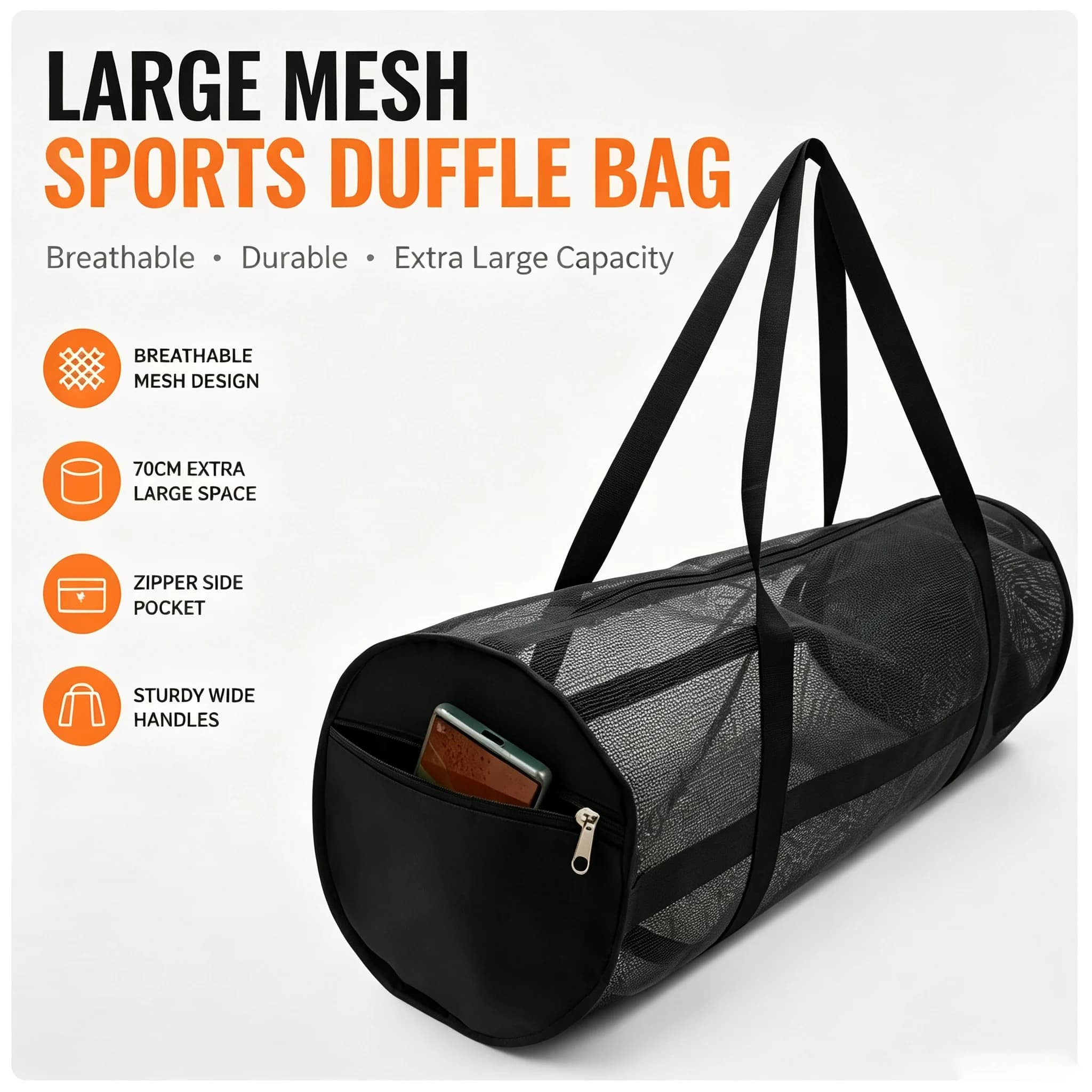 Large Mesh Sports Duffle Bag Breathable Basketball Volleyball Storage Gym Bag with Zipper Side Pocket Outdoor Training Hand Bag