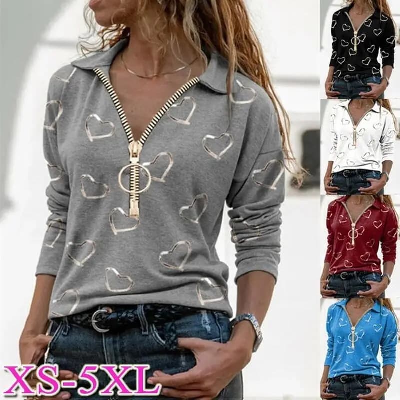 Camicetta da donna con scollo a v e cerniera a maniche lunghe primavera autunno moda Casual pendolarismo t-shirt con stampa a cuore in tinta unita