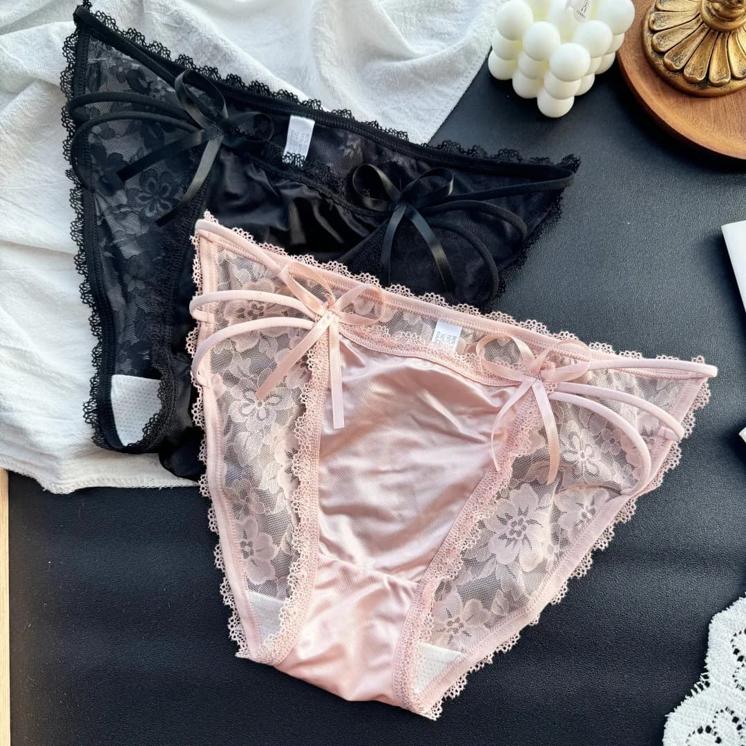SP&CITY Thin Mesh Satin Sexy Women's Underwear Low Waist Sweet Bow Lace Embroidery Hollow Out Panties Soft Cotton Crotch Briefs