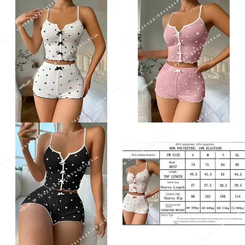 Women Heart Print Pajama Set Silk Satin V Neck Sleeveless Cami Top and Shorts Sleepwear Casual Loungewear Nightwear