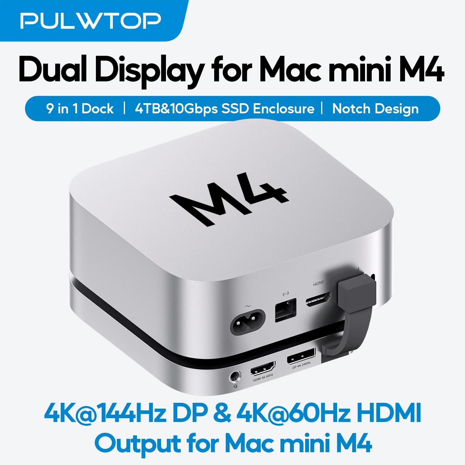 Hub USB C PULWTOP per Mac Mini 2024 con DP e HMDI, 3 USB A 2.0, SD/TF, audio/microfono, custodia SSD NVMe da 4 TB (SSD NON inclusa)