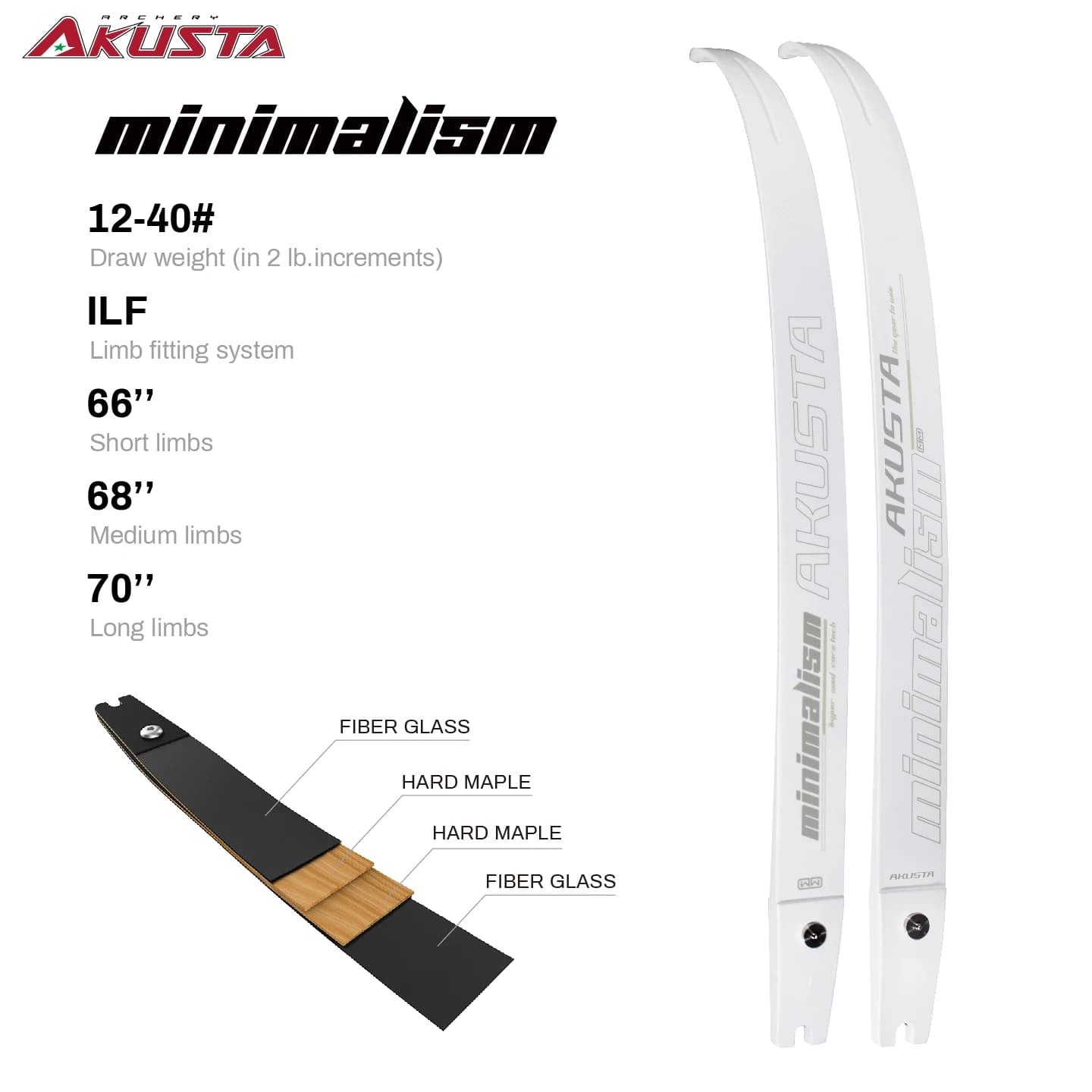 Akusta Recurve Bow 66/68/70 ILF Limbs Wood Core Tech With Fiber Glass Minimalism Series