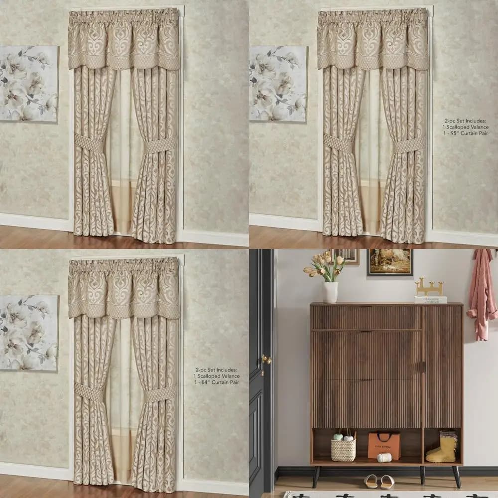 luxury windows treatments in black and beige sand with sliding medallions with jacquard fabric texture