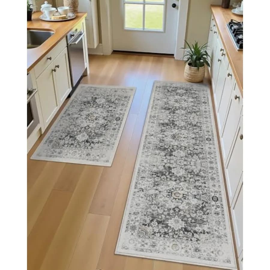 Kitchen Rug Set of 2 Washable Skin-Friendly Kitchen Floor Mats 2 Pcs Soft Throw Rug Waterproof Kitchen Carpet Set for Sink and