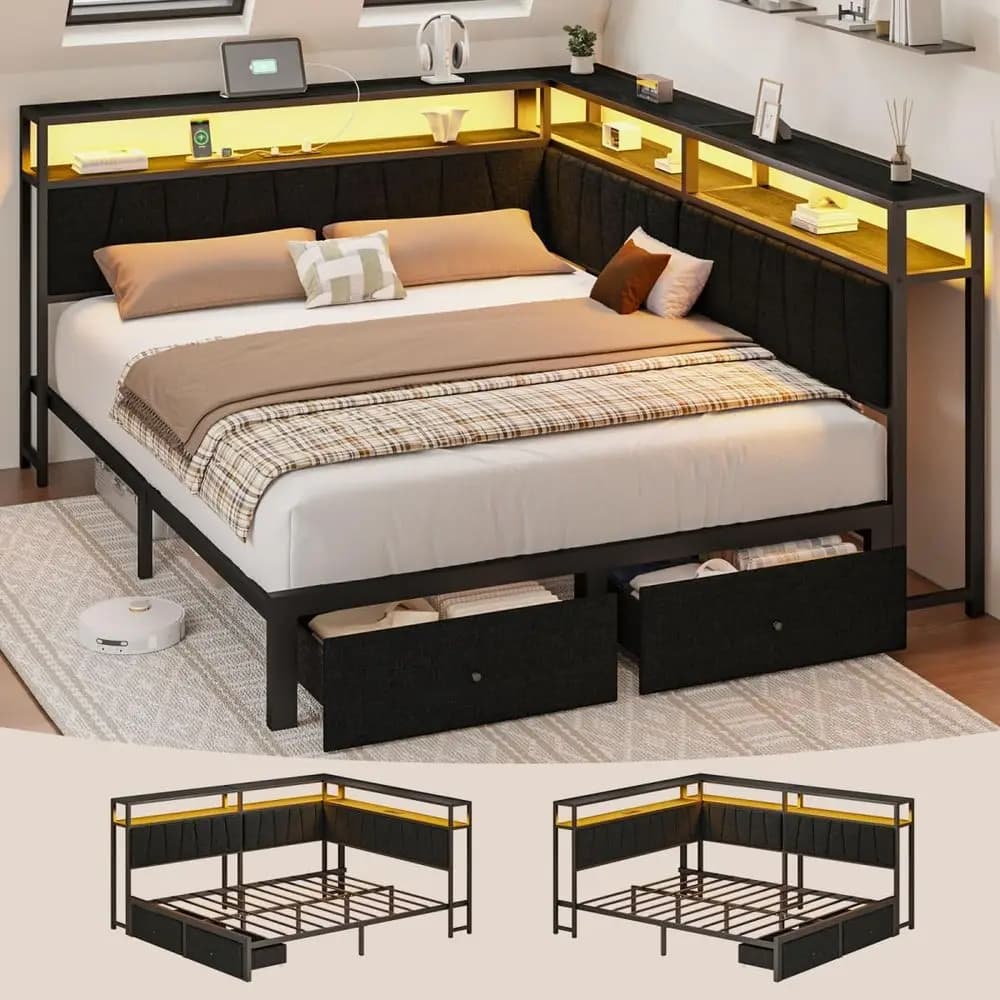Letto Queen Size con Cassetti Contenitori, Divano Letto con Luci LED e Stazione di Ricarica, Letto a Piattaforma in Metallo con Sponda Imbottita in Lino