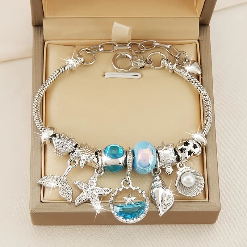 1pc Mermaid Tail Ocean Style Beaded Pendant Bracelet - with Blue Imitation Crystal Starfish And Faux Shell