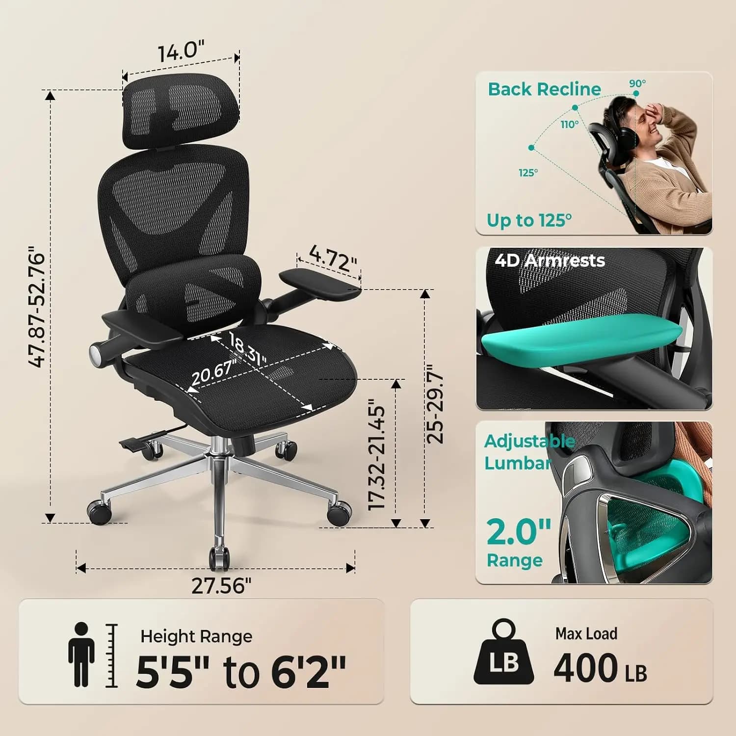 Ergonomic Office Chair 400lbs Mesh High Back Adjustable Lumbar Lock Flip Armrest 3D Headrest Desk Gaming PU Wheels, Customized