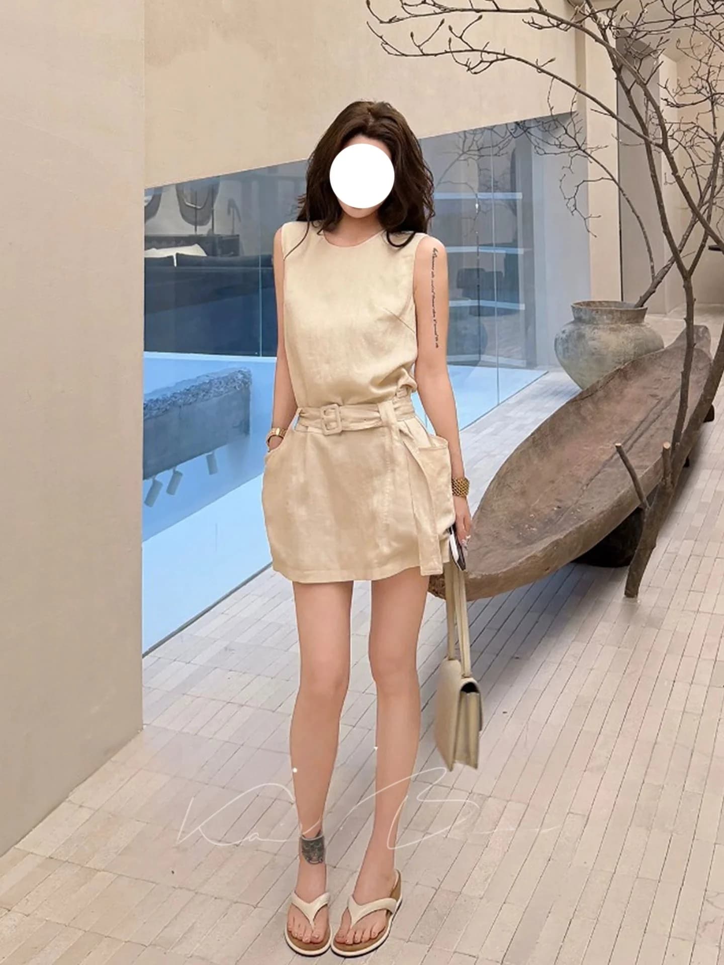 Abito Estivo Senza Maniche Stile Francese con Cintura in Vita, Semplice Gonna a Trapezio, Moda Casual per Giovani Donne