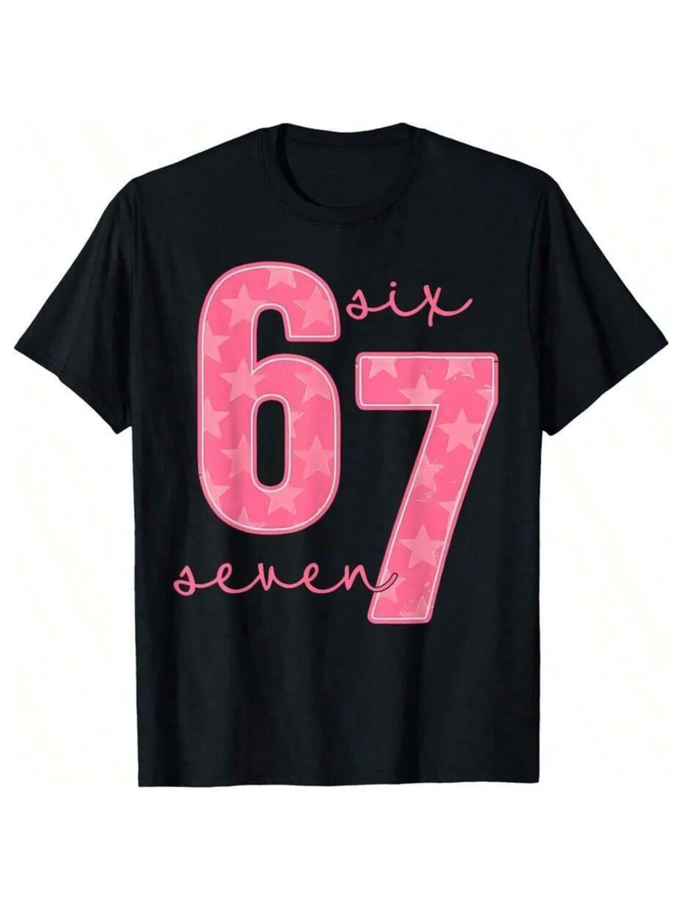 Una maglietta da donna primavera/estate, sfondo nero, stampata con il numero "67" e il testo "Six Seven", con un design numerico divertente ed elegante, adatta per persone che come~ Fibra, lavabile in lavatrice.