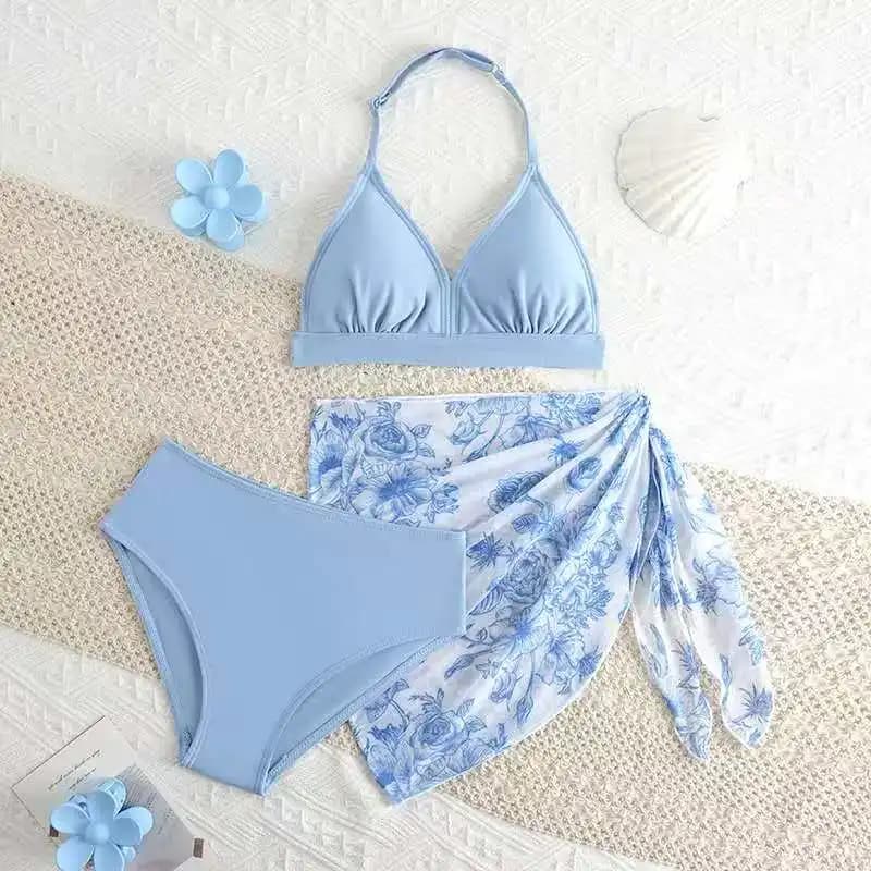 Full swimsuit and beach skirt for girls 2026 - Triangle bikini with neckline for girls 8-12 years