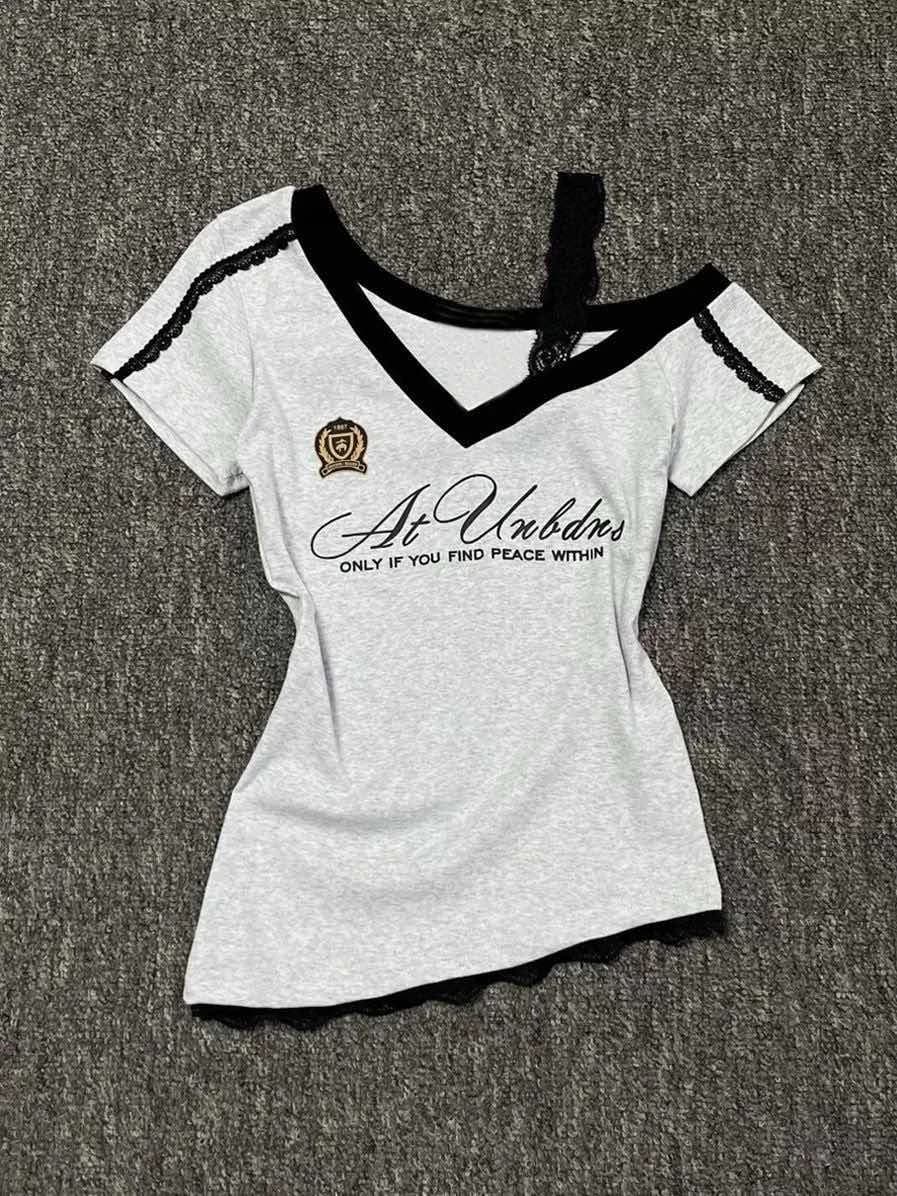 T-shirt a maniche corte con cinturino in pizzo con giunture in vita per ragazza calda gotica stile Millennium per donna 2025 Nuova estate top slim fit blu navy