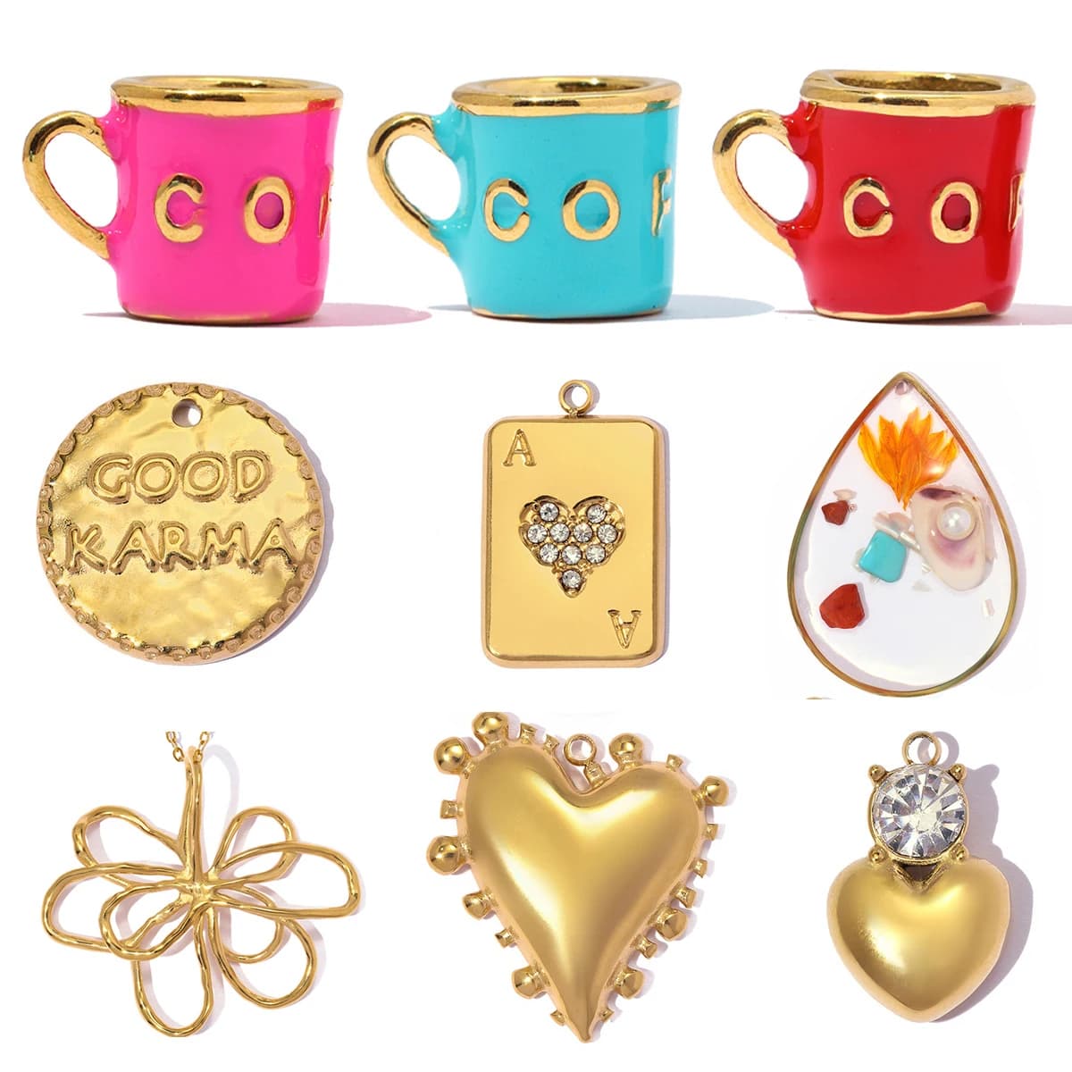 3pcs/Lot Stainless Steel Coffee Cup Charm Playing Cards Pendant for DIY Fashion Women Jewelry Making Necklace Wholesale