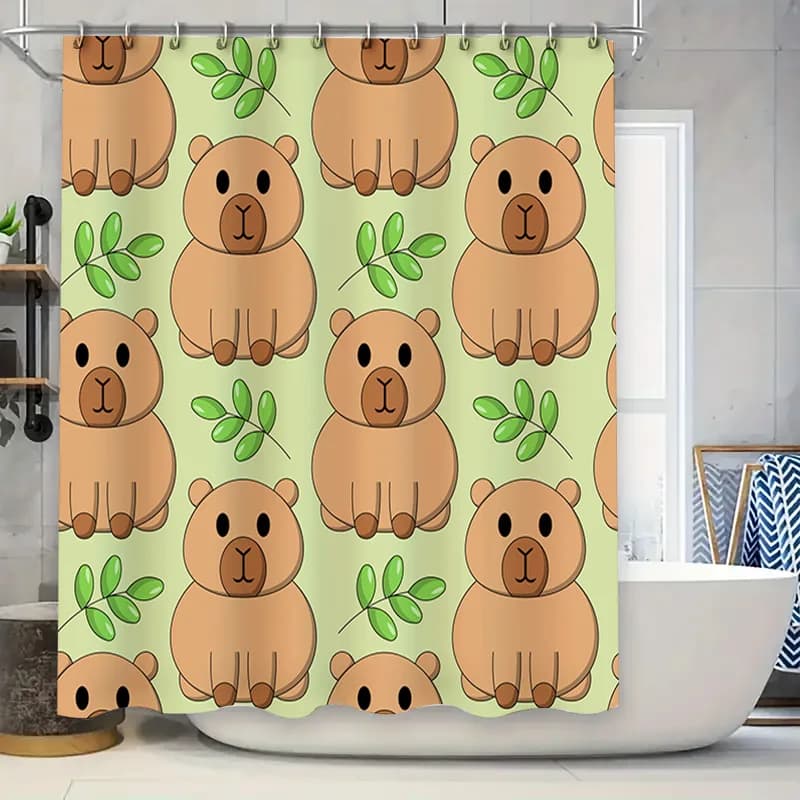 Tenda da doccia con stampa animalier Kawaii, design simpatico orso per l'arredamento del bagno, sfondo con foglie verdi