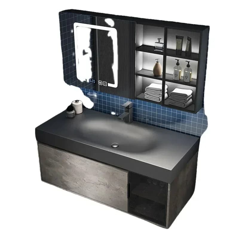 Mobile da bagno moderno Armadietto a specchio intelligente Lavabo integrato in roccia Armadi da bagno con lavabo Mobili da bagno